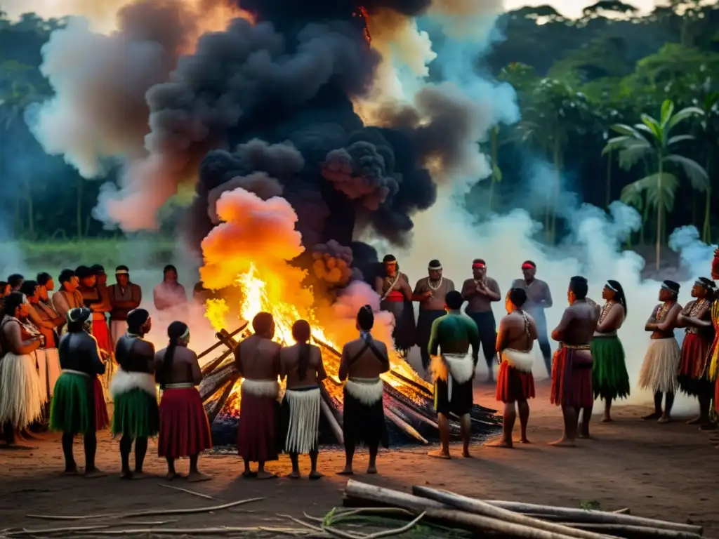 Ceremonia del Tabú en la cultura amazónica: Grupo de indígenas bailando alrededor de una gran fogata en la selva, con humo entre la exuberante vegetación, destacando la atmósfera ritual y tradicional