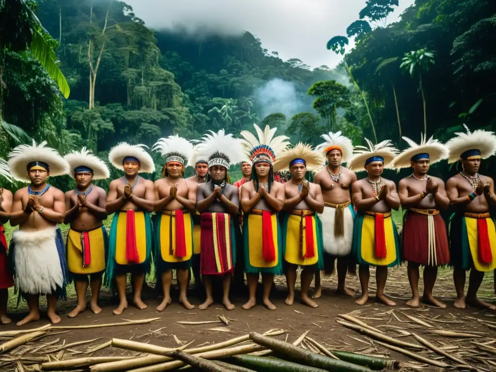 Ceremonia del Tabú en la cultura amazónica: Líderes tribales y miembros de la comunidad realizan rituales y danzas en la selva lluviosa