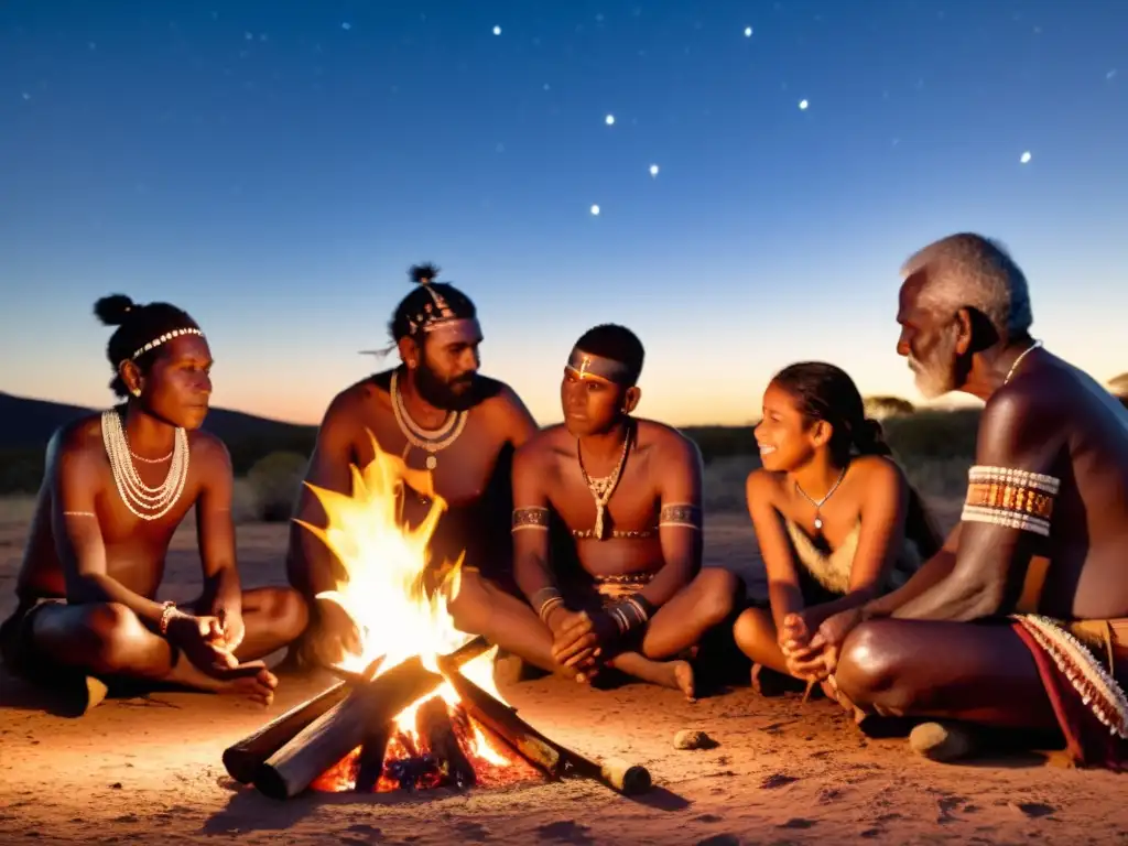 Ceremonia de transición cultural aborigen alrededor de la fogata en el outback australiano