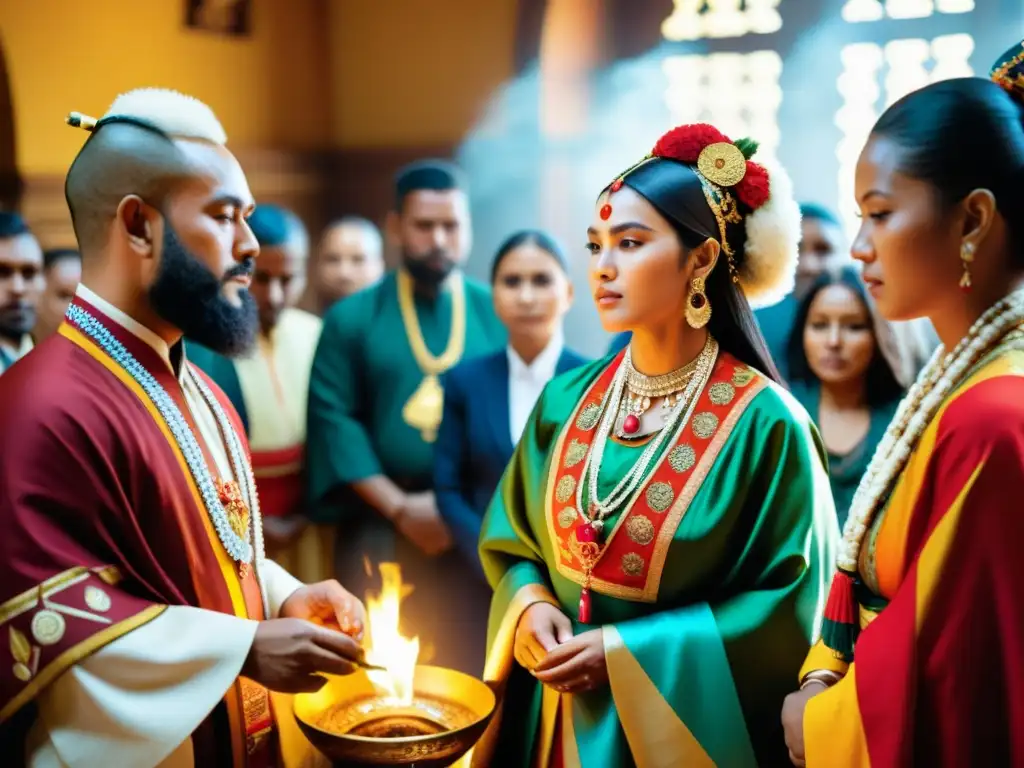 Una ceremonia cultural tradicional se lleva a cabo, con participantes adornados con atuendos vibrantes y decoraciones ornamentales