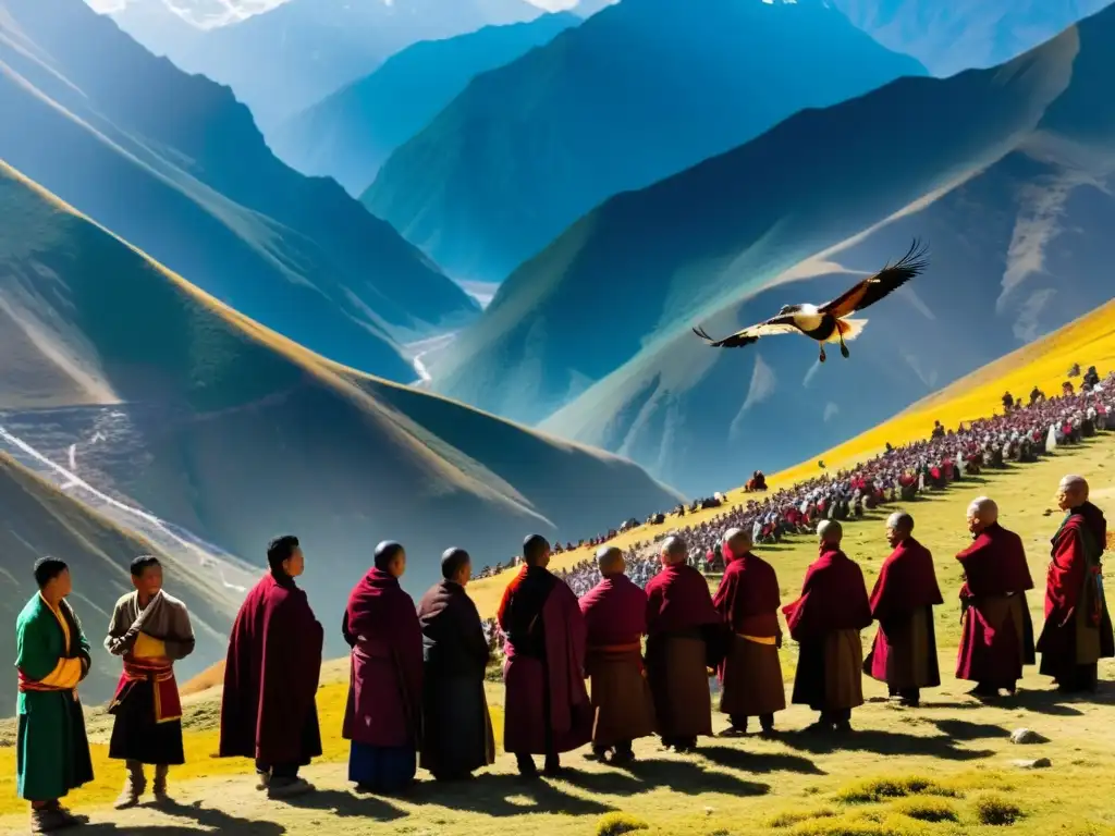 Una ceremonia de entierro celestial tibetana en la montaña del Himalaya, con monjes, dolientes y buitres en vuelo