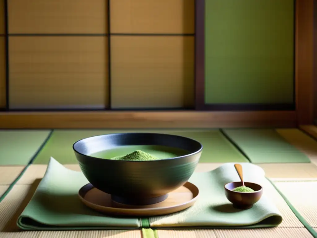 Una ceremonia del té matcha tradición zen: un escenario sereno con utensilios y una taza de cerámica llena de polvo verde vibrante