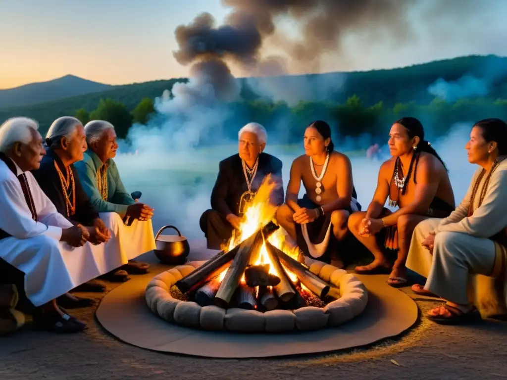 Ceremonia espiritual y rituales Cherokee alrededor de una fogata, con ancianos y observadores