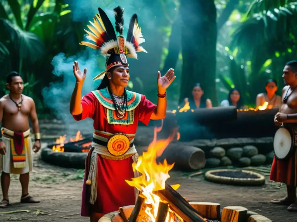 Shamán realiza ceremonia de fertilidad maya en la selva: dispositivos y herramientas rituales de fertilidad presentes en un entorno místico y cultural