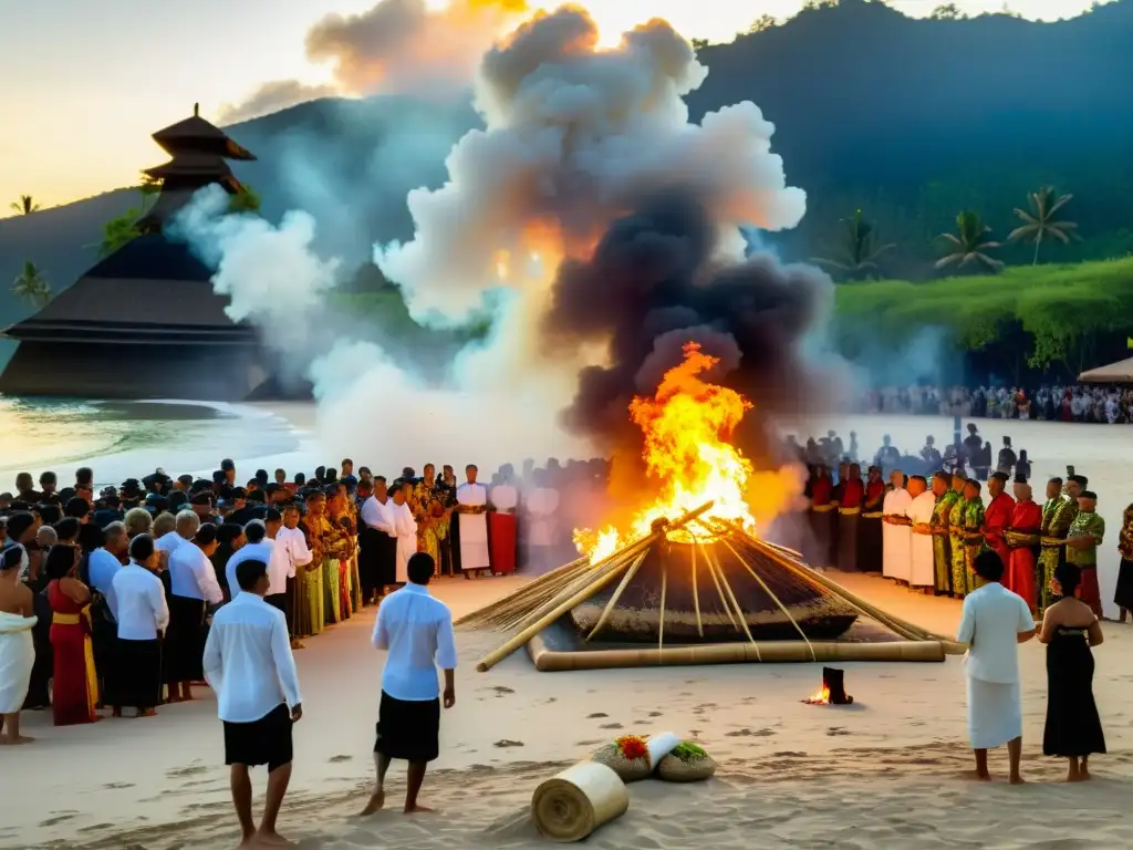 Una ceremonia funeraria balinesa en la playa al atardecer, con una estructura de bambú en llamas y personas vestidas de forma tradicional