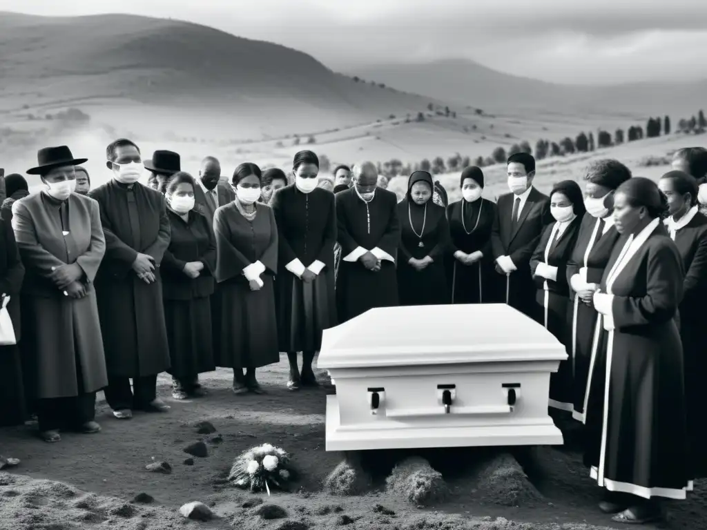 Ceremonia funeraria en un pueblo remoto, con participantes llorando al despedir a su ser querido