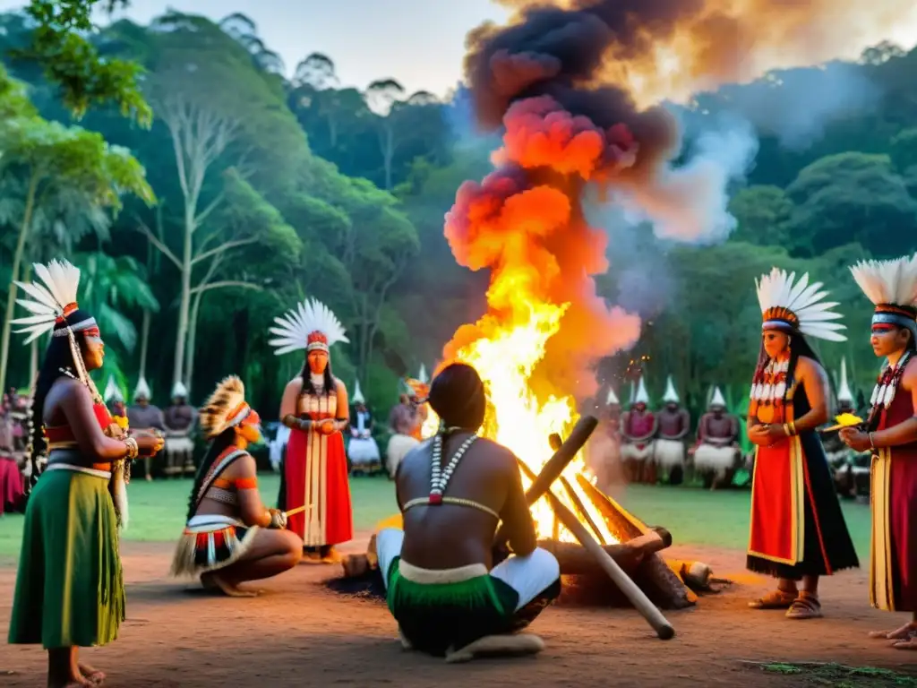 Una ceremonia indígena tradicional se transforma con tecnología en un bosque exuberante al atardecer