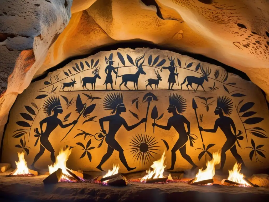 Ceremonia de iniciación prehistórica con adornos de piel y plumas, figuras alrededor del fuego