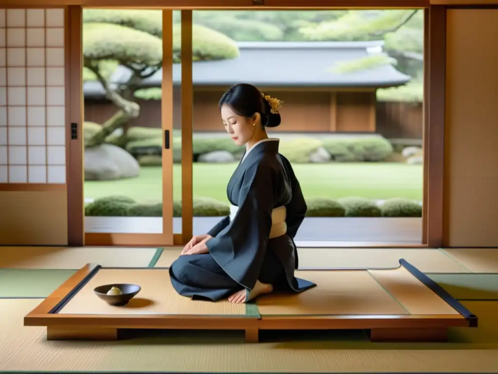 Una ceremonia del té japonés tradicional con un maestro del té vestido con kimono, preparando matcha y sirviendo a los invitados