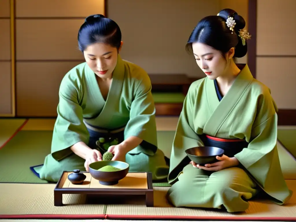 Una ceremonia del té japonesa, con un anfitrión presentando matcha a un invitado