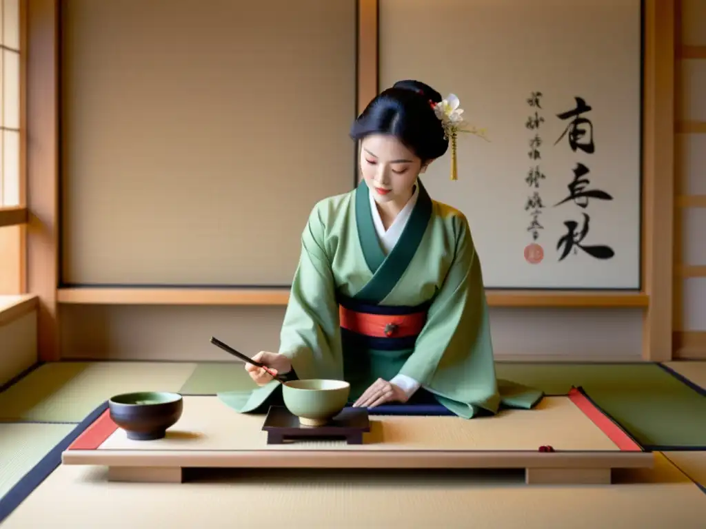 Una ceremonia del té japonesa con una geisha en kimono, creando una atmósfera de gracia y belleza