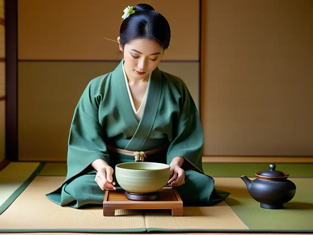 Ceremonia del té japonesa en una habitación serena con un maestro del té vistiendo un kimono, preparando matcha en un tazón de cerámica, mientras los invitados observan en silencio respetuoso