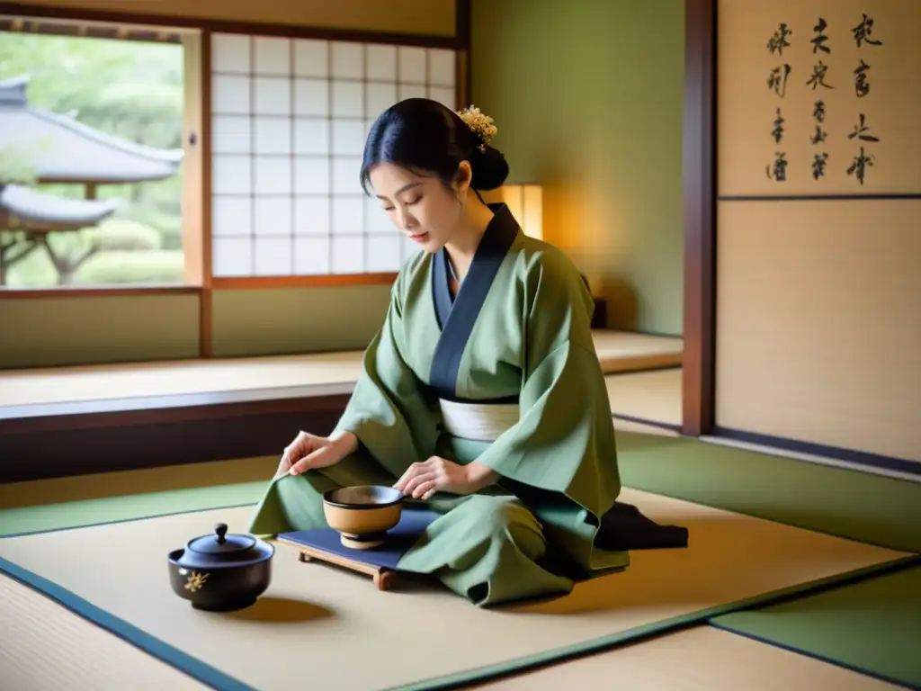 Una ceremonia del té japonesa, con un maestro del té vistiendo un kimono, sirviendo matcha a invitados en una habitación tradicional