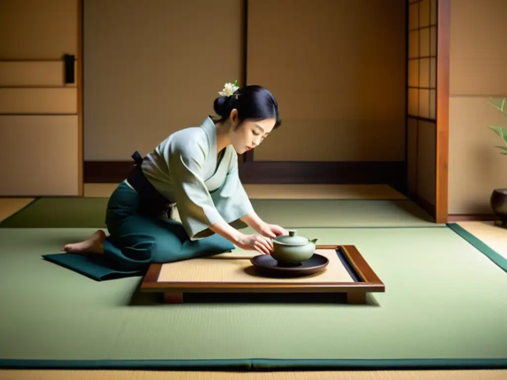 Una ceremonia del té japonesa en una sala serena con elementos naturales, reflejando la importancia cultural de las ceremonias del té en culturas