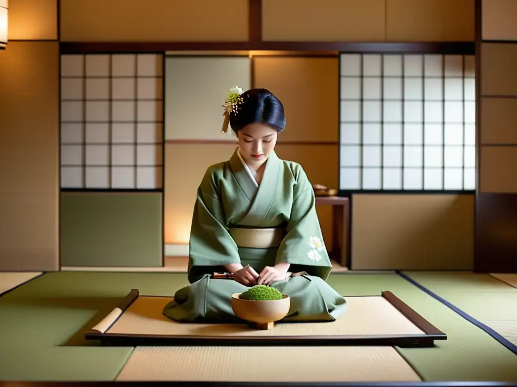 Una ceremonia del té japonesa en una sala serena, con anfitrión en kimono sirviendo matcha a invitados