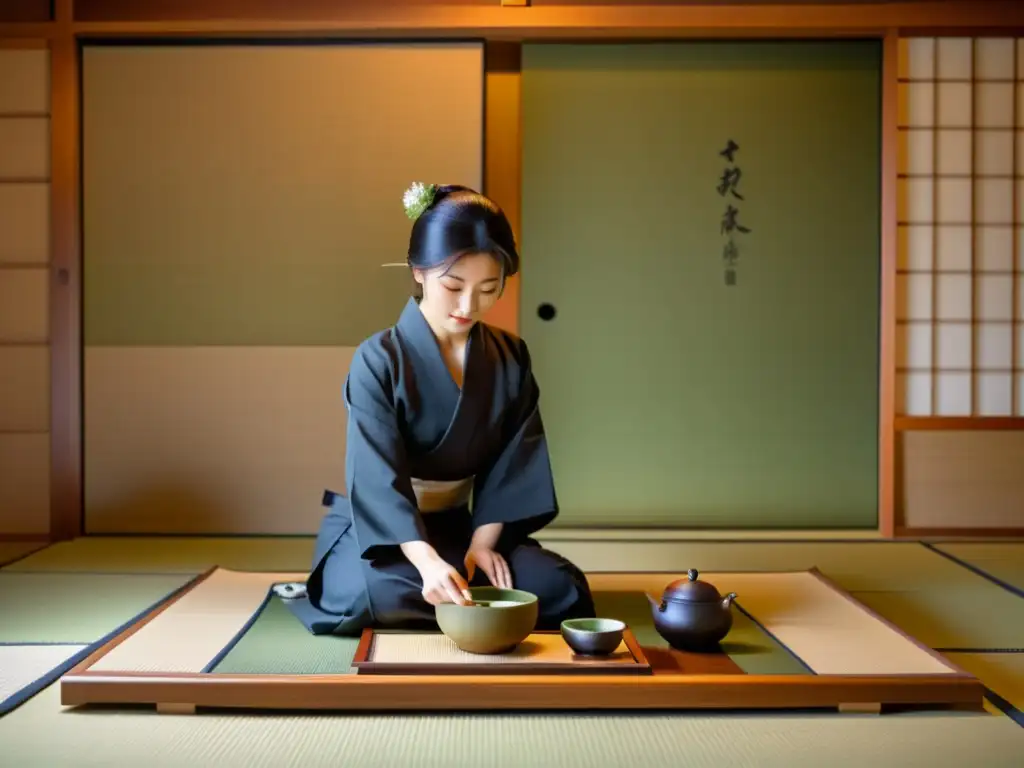 Ceremonia del té japonesa en un tatami, con anfitriona en kimono sirviendo matcha a invitados en seiza