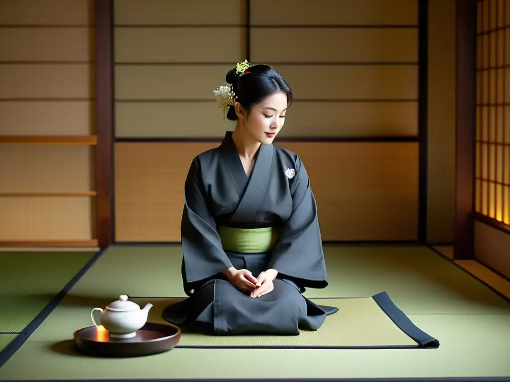 Una ceremonia del té japonesa en un tatami sereno, con un anfitrión preparando matcha