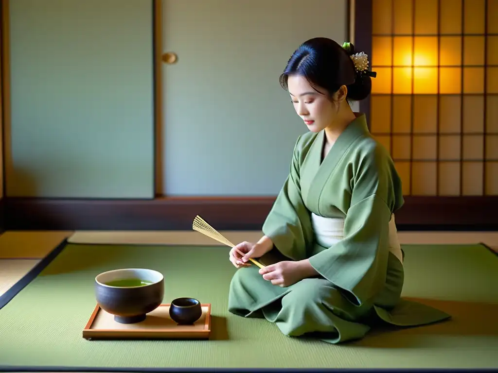 Una ceremonia de té japonesa tradicional con una anfitriona en kimono preparando matcha con movimientos precisos en una habitación serena de tatami