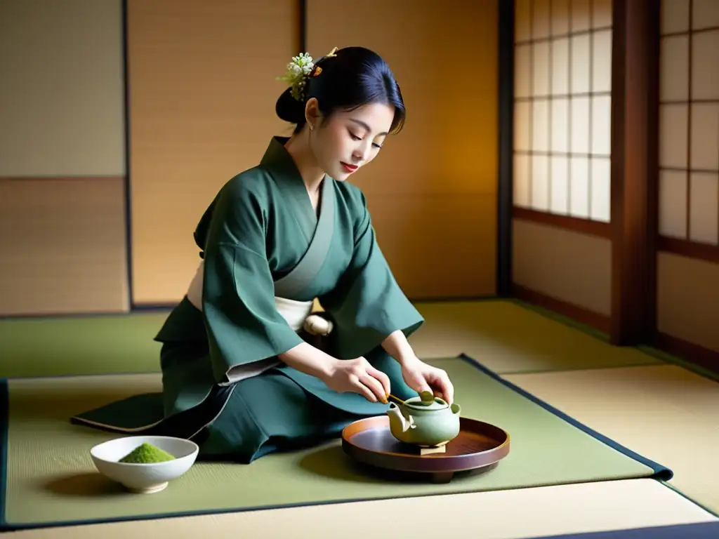 Una ceremonia del té japonesa tradicional en una sala serena de tatami, con un anfitrión en kimono sirviendo matcha a los invitados