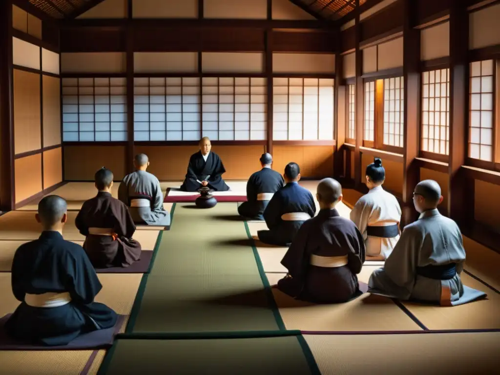 Ceremonia Jukai Preceptos Zen: Personas en ceremonia en un templo Zen, con atmósfera serena y reverente, luz suave y detalles ornamentales