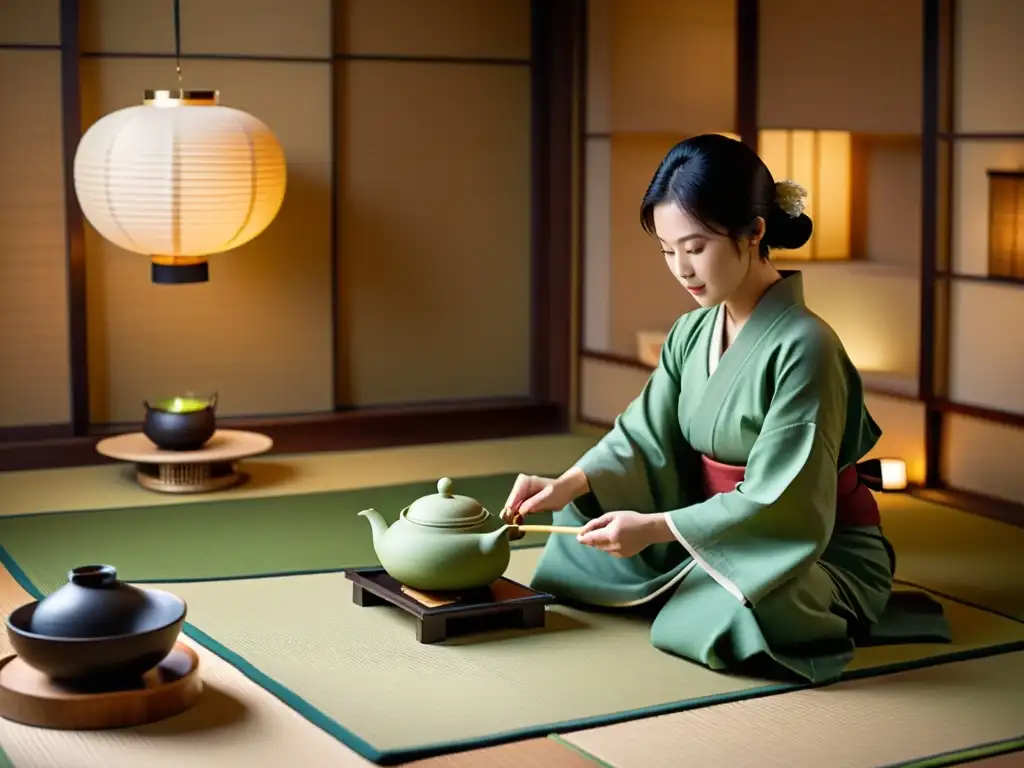 Una ceremonia del té matcha tradición zen, con el maestro preparando delicadamente el té en una atmósfera serena y reverente