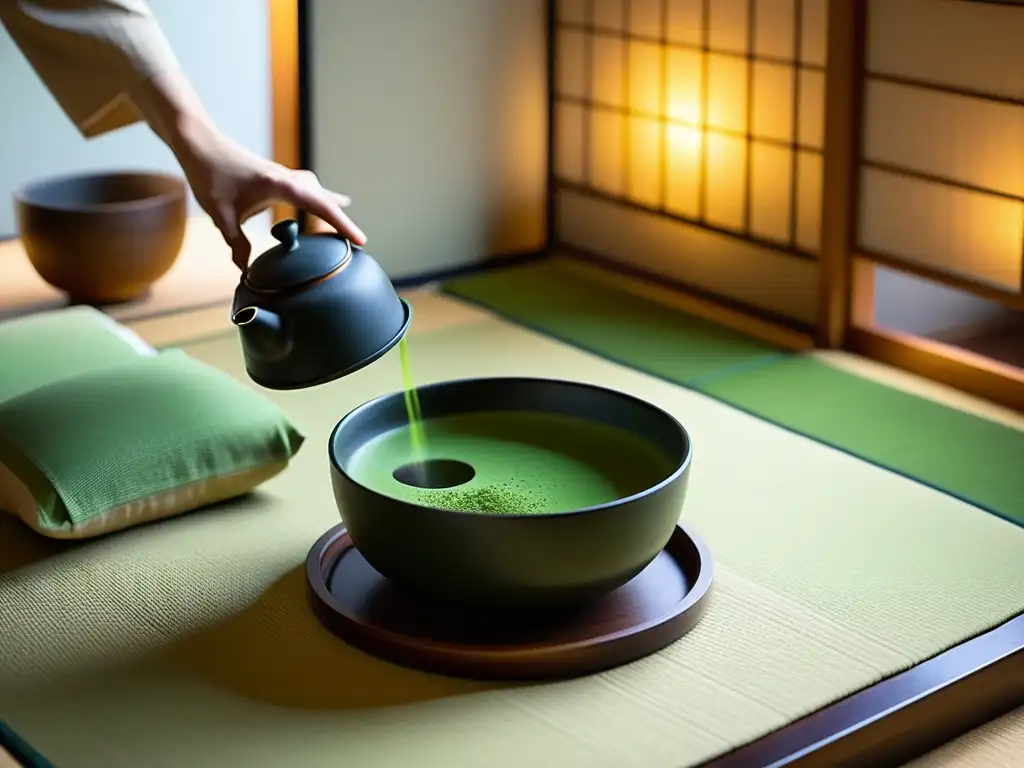 Una ceremonia del té matcha tradición zen: el maestro del té en kimono prepara matcha en una sala tatami serena y tranquila