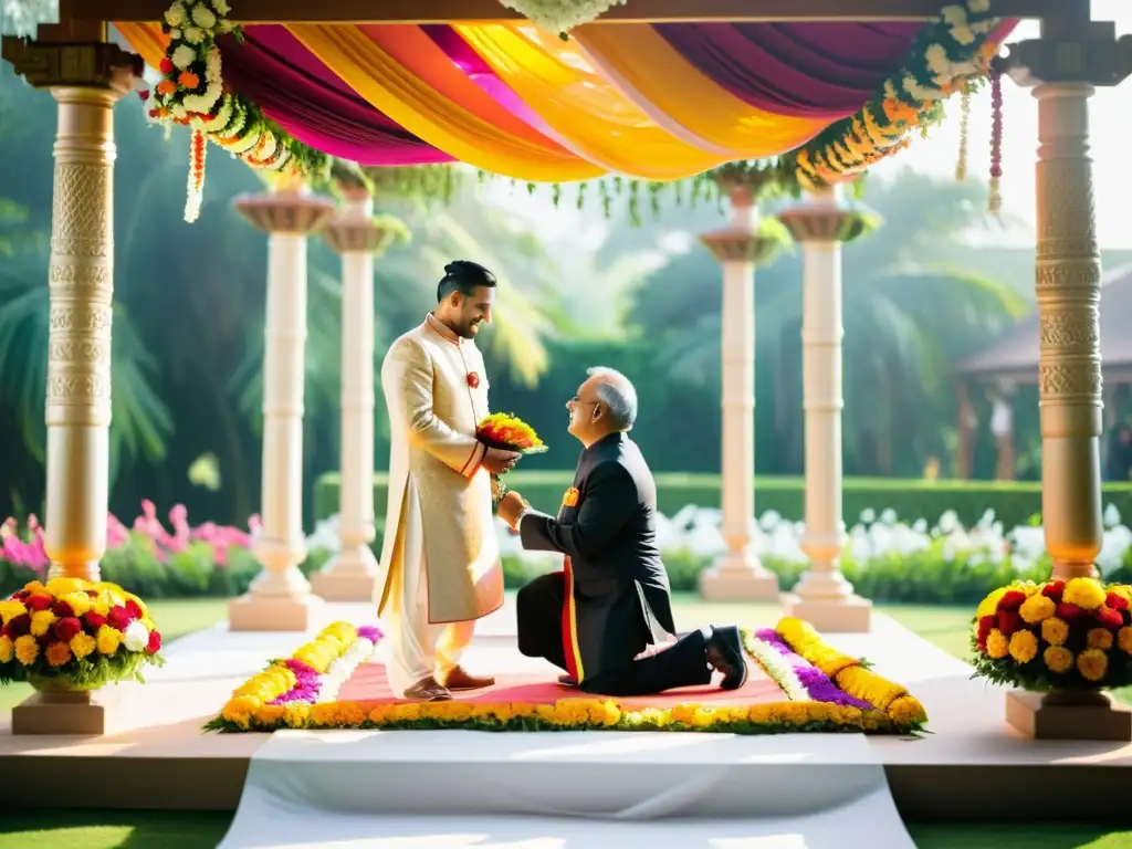 Una ceremonia de matrimonio hindú llena de significado simbólico, con una mandap bellamente decorada y una atmósfera encantadora