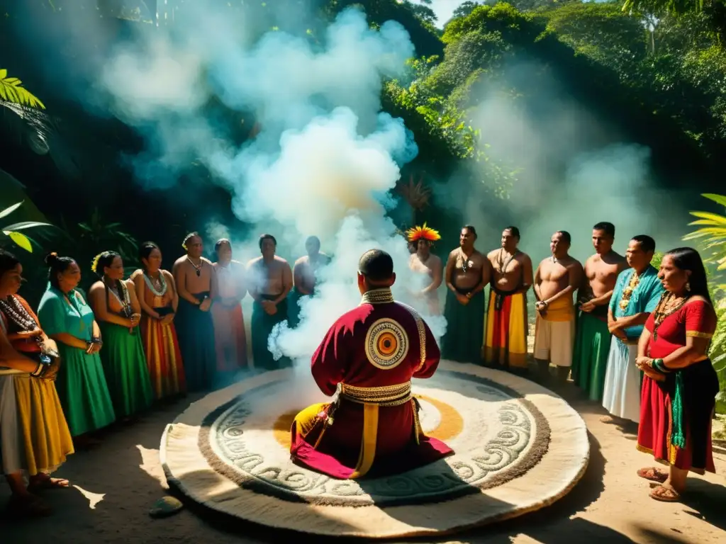 Una ceremonia maya tradicional detallada, con un chamán realizando una limpieza con humo, hierbas y instrumentos