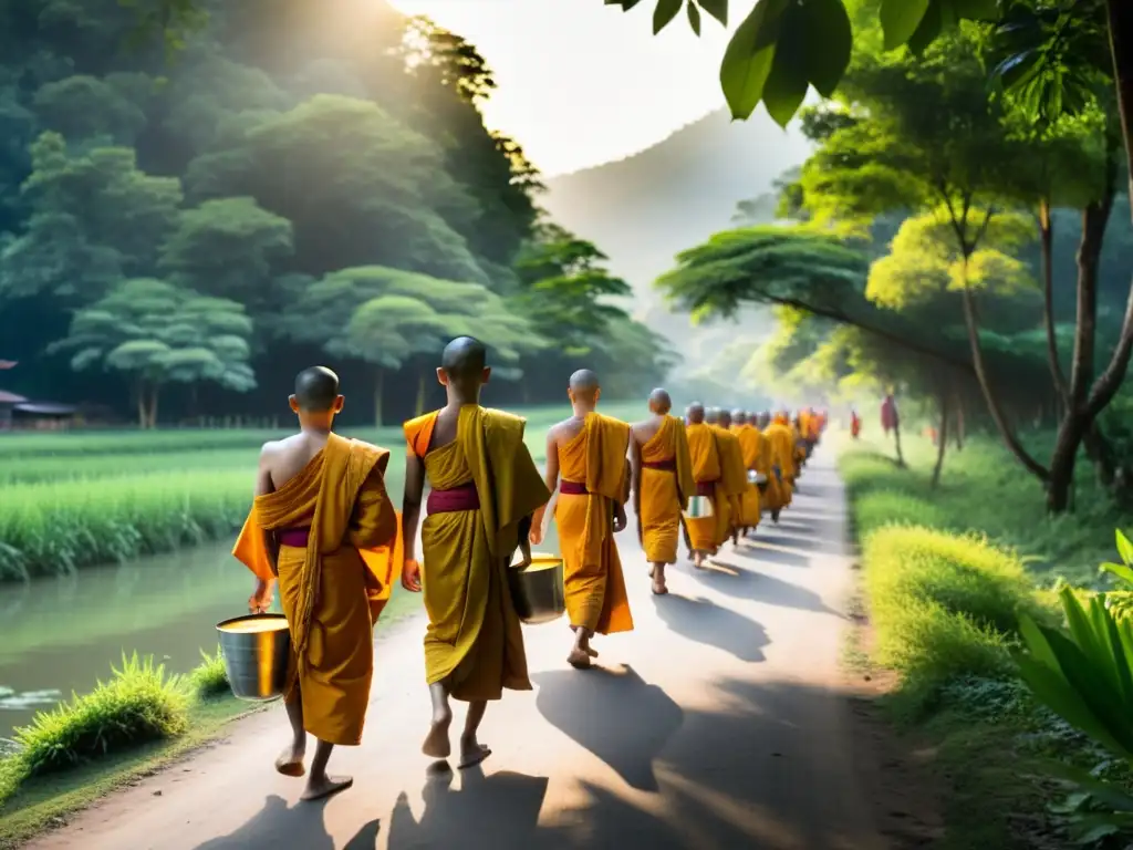 Ceremonia AlmsRound: Monjes budistas caminan en fila recibiendo ofrendas, expresando humildad y conexión con la naturaleza al atardecer