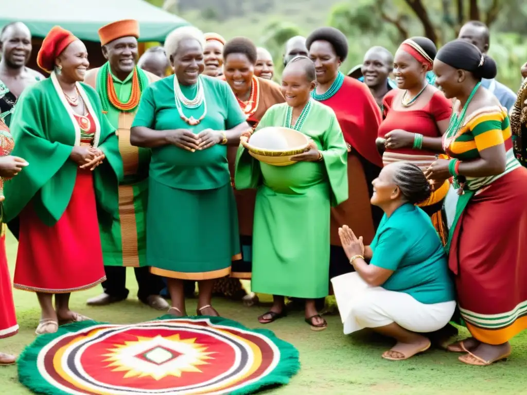 Ceremonia de nacimiento en Kikuyu: Mujeres coloridas danzan y cantan en una vibrante ceremonia, bendiciendo al recién nacido con tradiciones ancestrales