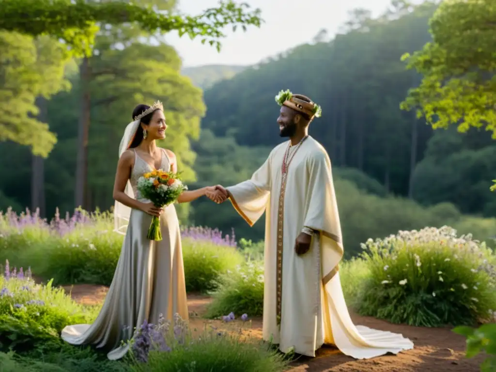 En la ceremonia de handfasting neopagana, una pareja se une en el claro del bosque, rodeada de naturaleza y magia