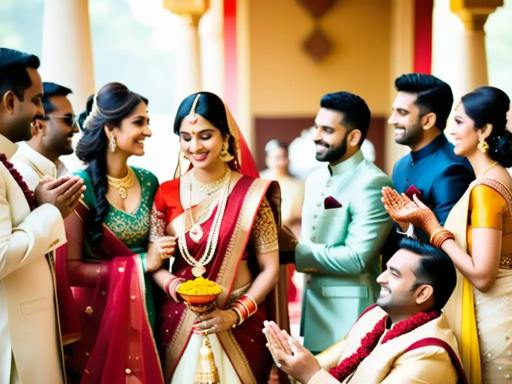 Una ceremonia nupcial tradicional india llena de colores y alegría en un templo, capturando la esencia de las culturas exóticas