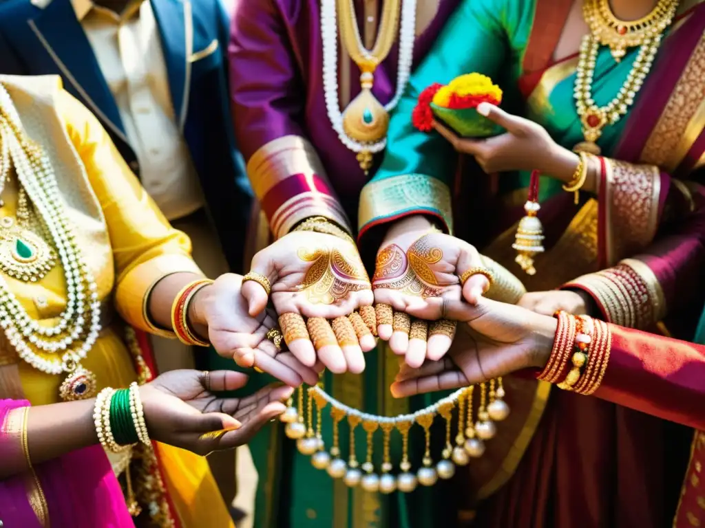 Una ceremonia nupcial tradicional en la India con la entrega de dote matrimonial, joyas y textiles