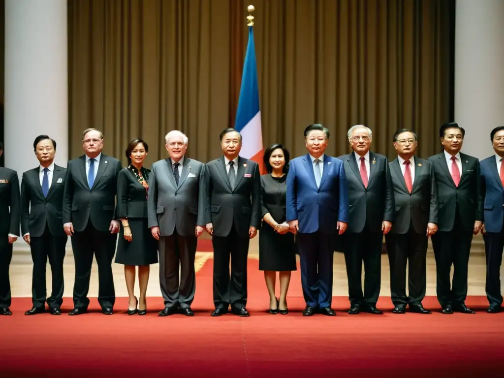 Una ceremonia política de autoridad: políticos en traje formal en un salón grandioso con banderas nacionales y símbolos políticos