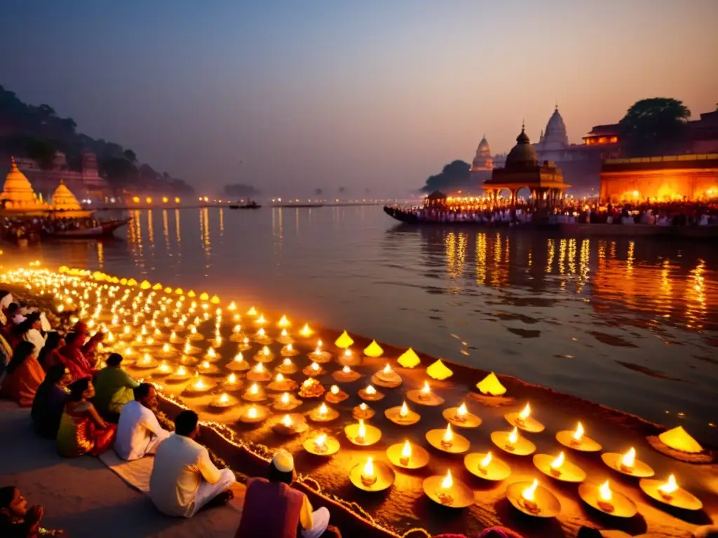 Una ceremonia puja hindú sagrada en las orillas del río Ganges, iluminada por lámparas de aceite y el sol poniente