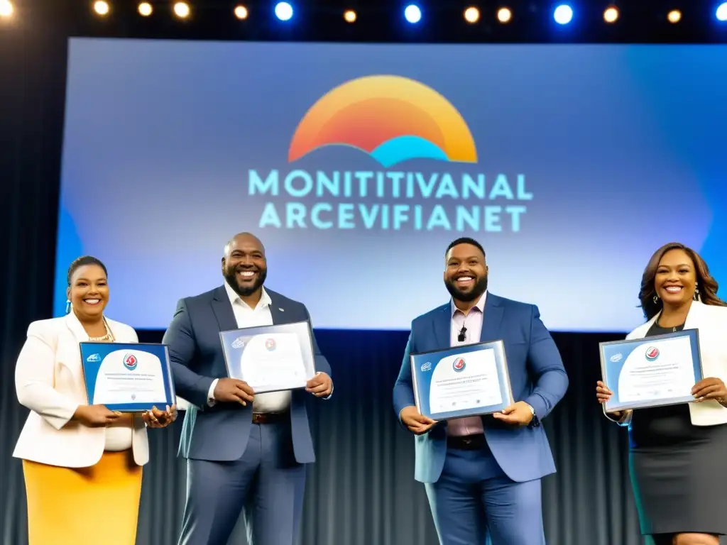 Ceremonia de reconocimiento laboral: empleados diversificados reciben premios y certificados en el escenario, transmitiendo logro y reconocimiento