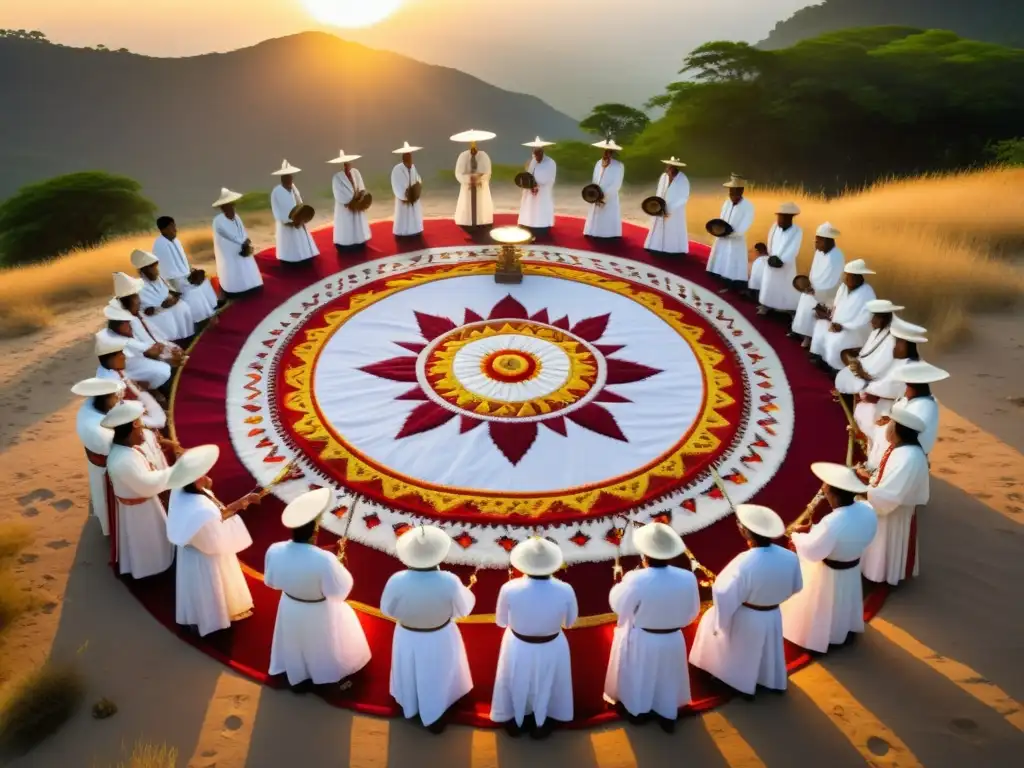 Una ceremonia ritual tradicional al amanecer, donde participantes visten elaborados atuendos blancos