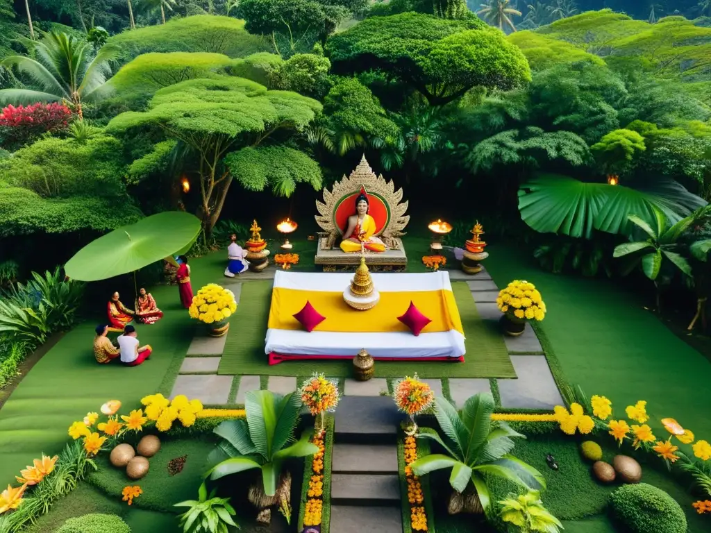 Ceremonia de sanación en Bali: ritual ancestral en la exuberante selva, con curandero, ofrendas y símbolos sagrados