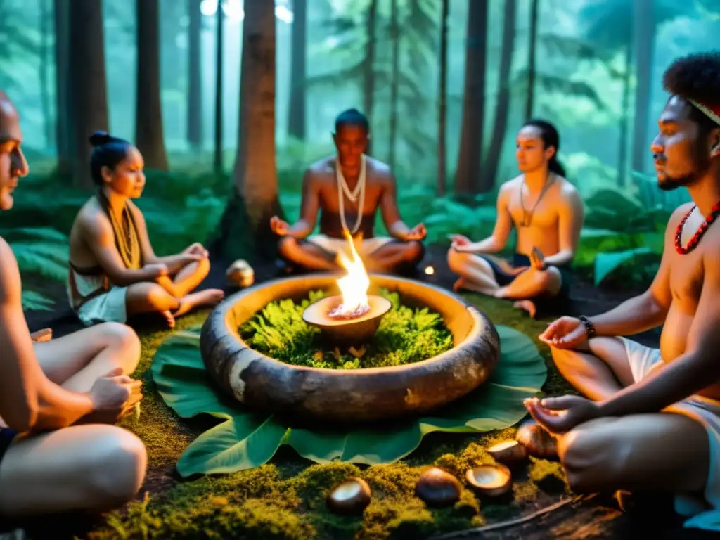 Una ceremonia de sanación con superhongos en un bosque, liderada por un chamán y rodeada de personas en meditación profunda