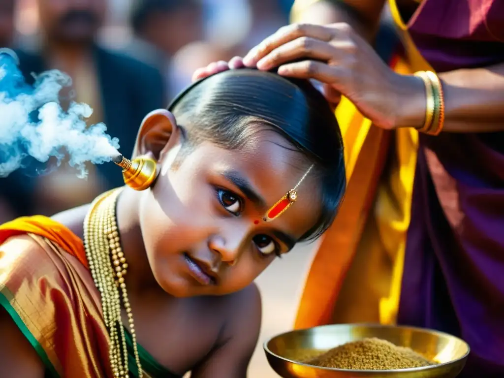 Ceremonia hindú Karnavedha: significado espiritual de la perforación de orejas en una atmósfera sagrada