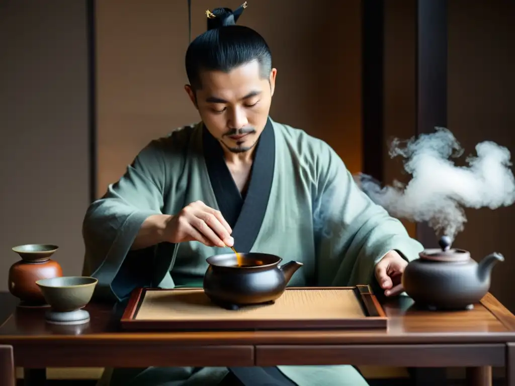 Ceremonia del Té taoísta: Maestro taoísta meditando en la ceremonia del té, con decoración tradicional china y atmósfera de serenidad y mindfulness