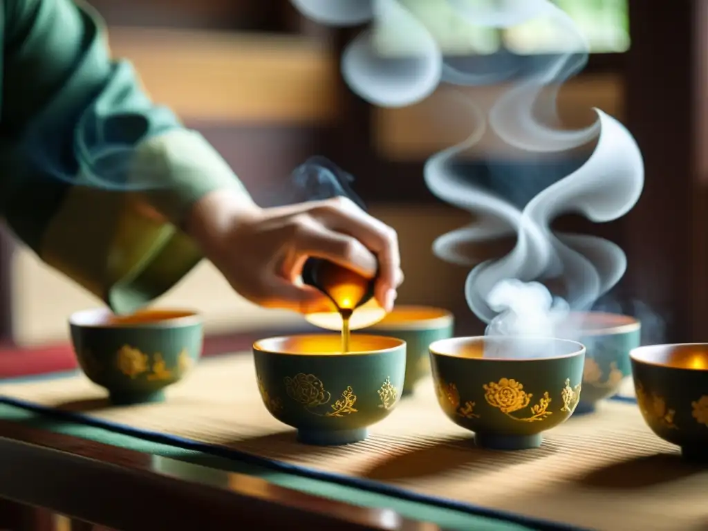 Ceremonia del Té taoísta: Maestro sirve té en tazas ornamentadas en una atmósfera serena y meditativa