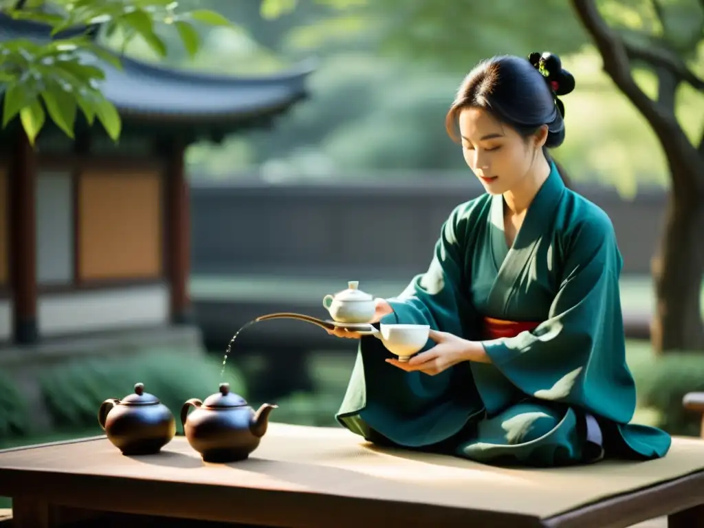 Ceremonia del Té taoísta: Maestro vertiendo té en tazas delicadas en un patio chino, rodeado de serenidad y armonía espiritual