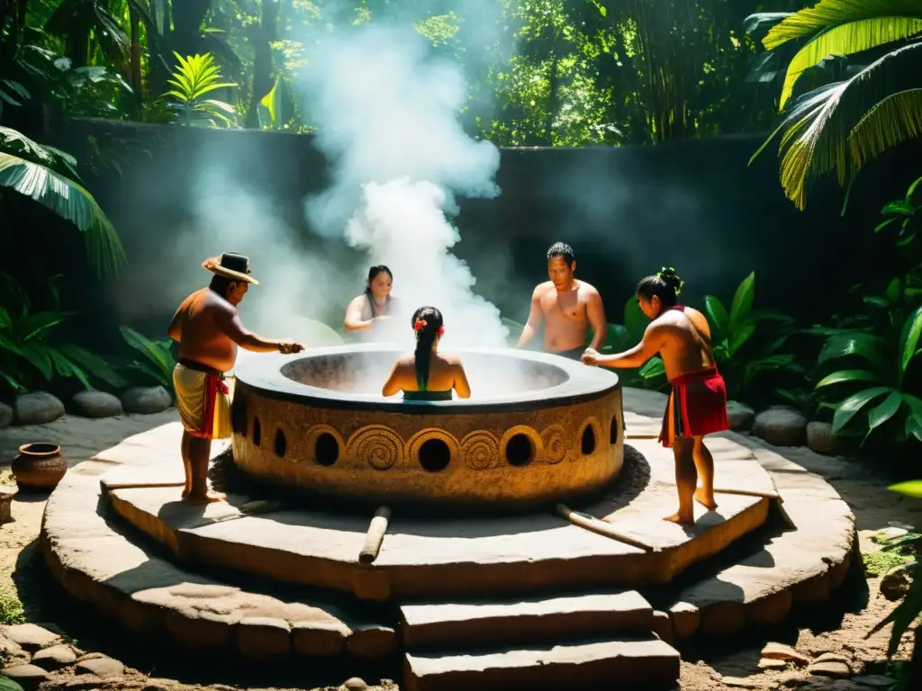 Una ceremonia de temazcal maya en la selva, resaltando los beneficios de los rituales de baño y la conexión con la tradición ancestral