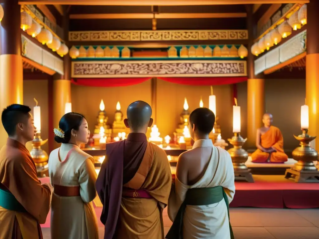 Ceremonia de toma de refugio en el budismo, personas en templo con túnicas, orando y meditando bajo cálidas luces y estatuas detalladas