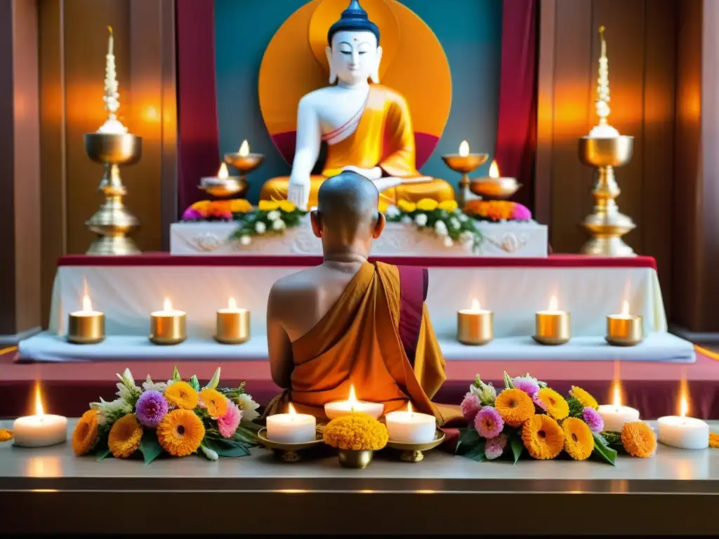 Una ceremonia de toma de refugio budista en un altar decorado con flores, incienso y velas, en un templo sereno