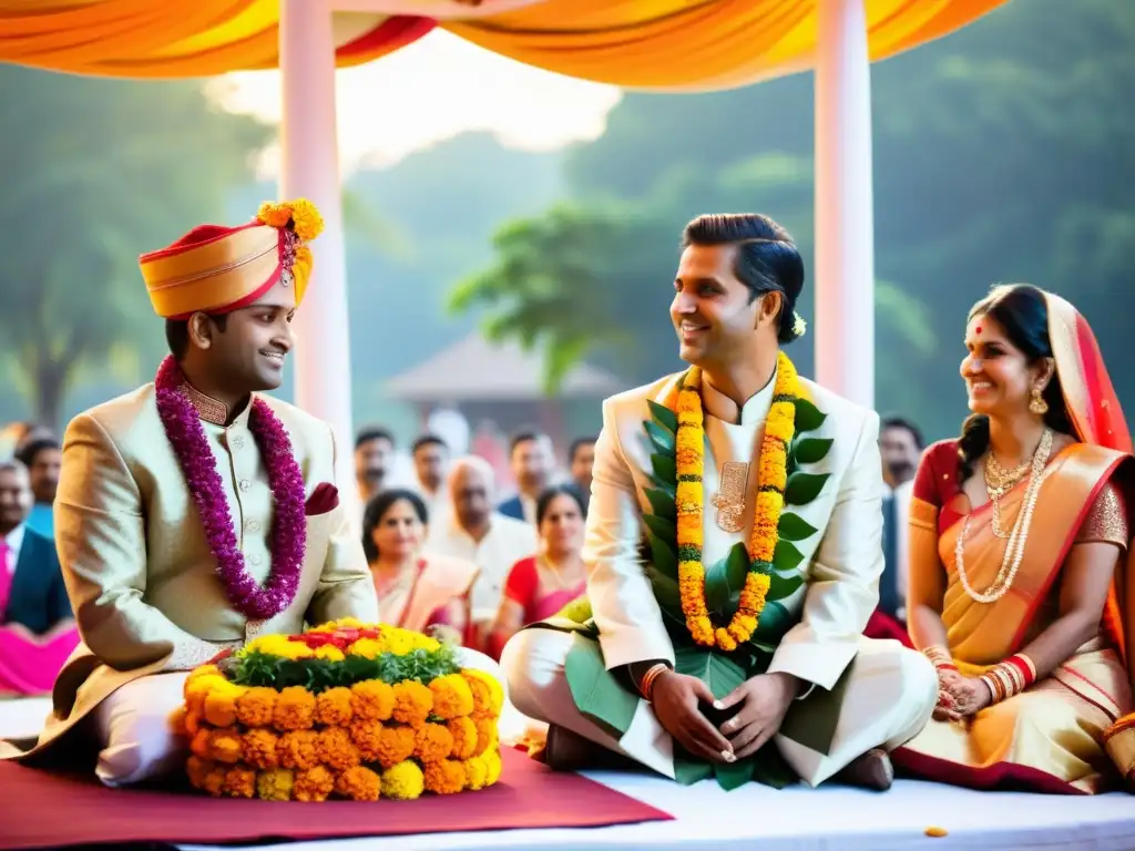 Una ceremonia tradicional de boda hindú al aire libre con una hermosa planta de Tulsi en el centro