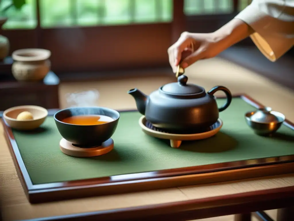 Una ceremonia de té tradicional china, con un maestro de té vertiendo agua caliente en una tetera de barro rodeado de tazas y hojas de té fragantes