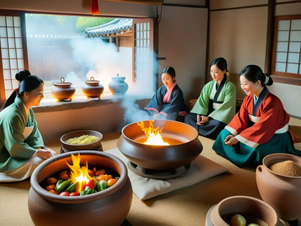 Una ceremonia tradicional coreana de elaboración de kimchi, con personas en ropa tradicional alrededor de grandes ollas de fermentación