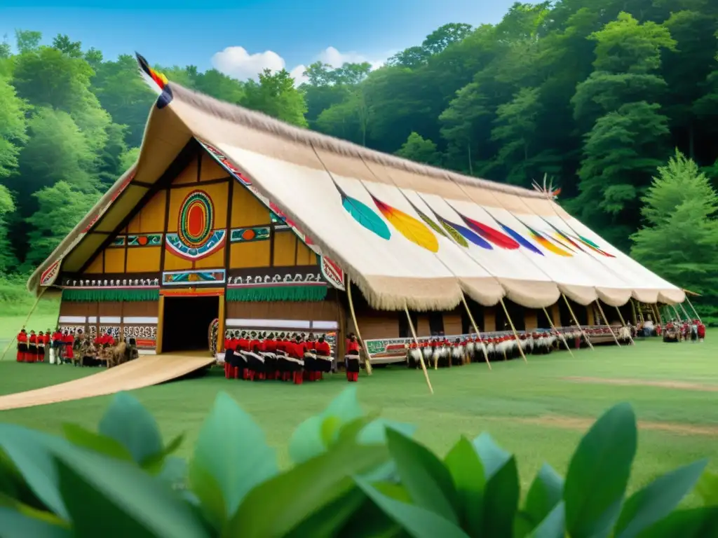 Ceremonia Iroquesa tradicional en una exuberante casa larga, con diseños vibrantes y miembros de la comunidad en regalia ceremonial